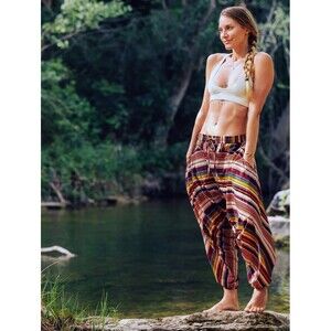 BUDDHA PANTS SAVANNAH STRIPE DROP CROTCH HAREM PANTS sz S YOGA TRAVEL LIFESTYLE